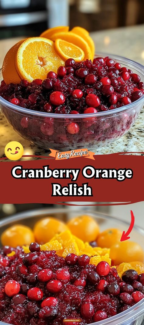 Cranberry Orange Relish is a vibrant and tangy accompaniment that brings a burst of citrusy sweetness to your meals. Made with fresh cranberries and zesty orange, this relish is a festive addition to holiday tables or a refreshing twist to everyday meals. #CranberryRelish #HolidayCooking #FestiveFlavors Fresh Cranberry Relish With Oranges, Cooked Cranberry Relish, Copycat Mcalisters Orange Cranberry Club, Ocean Spray Cranberry Relish, Cranberries With Orange Juice, Easy Cranberry Orange Sauce, Cranberry Orange Walnut Relish, Easy Cranberry Relish, Orange Cranberry Relish Recipes