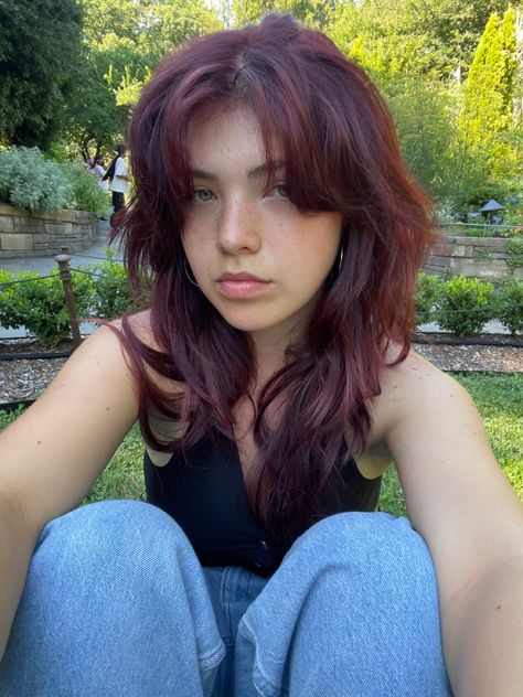 Red Hair Color Wolfcut, Long Thick Bangs, Haircuts For Thick Red Hair, Shag Hairstyles Ponytail, Hair Styles For Mid Length, Red Hair Dye Inspo Aesthetic, Cherry Red Hair Ideas, Cherry Red Wavy Hair, Wolf Haircut Red Hair