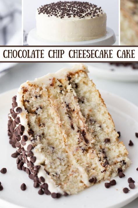 Rich Vanilla Cake, Chocolate Chip Cheesecake Cake, Filled Cake Recipes, Tray Cakes Ideas, Sugary Desserts, Holiday Sweets, Chocolate Chip Cheesecake, Chocolate Chip Cake, Baking Fun