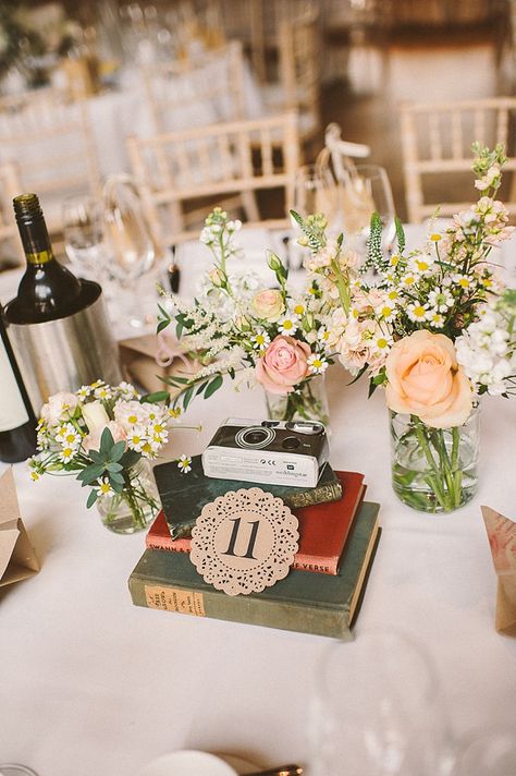 A Bridal Flower Crown For A Pretty Peach, Paper Crane, DIY Wedding  Peach rose table centre pieces.  http://www.elliegillard.com/ Book Centerpieces, Wedding Guest Table, Book Themed Wedding, Doily Wedding, Vintage Wedding Table, Table Flower Arrangements, Victoria Wedding, P90x, Bridal Flower Crown