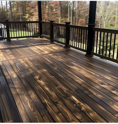 Deck Stain Ideas, Wood Deck Stain, Dark Deck, Best Deck Stain, Rustic Deck, Wood Deck Railing, Deck Stain Colors, Tan House, Deck Stain