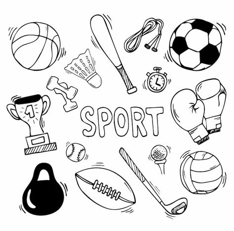 Vector hand drawn vector illustration se... | Premium Vector #Freepik #vector #sports-elements #sports-doodle #sports-equipment #sports-balls Sports Equipment Illustration, Sports Balls Drawing, Sports Equipment Drawing, Sport Art Drawing, Sport Drawing Ideas Art, Sports Doodles, Sport Sketch, Sports Elements, Sport Drawing