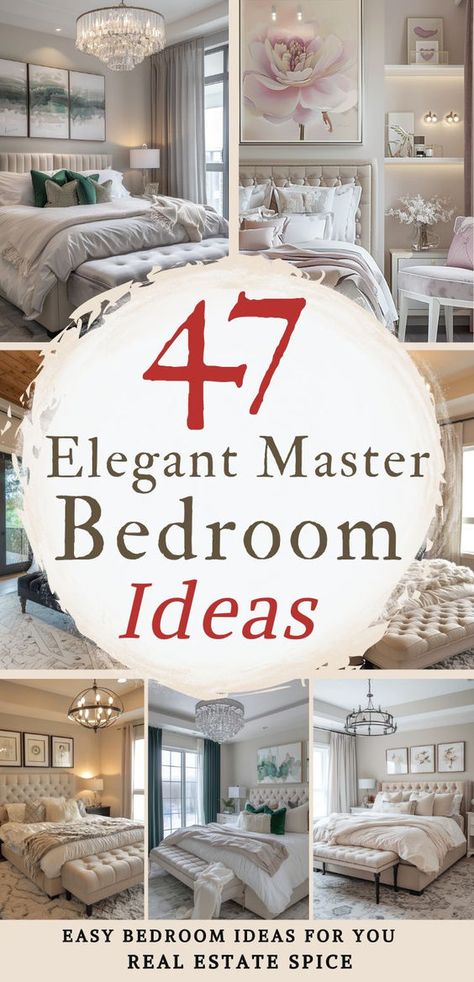 Elevate your master bedroom effortlessly with these 47 stunning design ideas, from elegant nightstands and sophisticated table lamps that enhance ambiance to luxury statement ceiling lights that draw the eye. You'll find plush bedding and decorative throw pillows that create a welcoming and cozy retreat for you. Stylish footrests provide the perfect finishing touch.  Get inspired to create a dreamy sanctuary you'll love! RealEstateSpice.com #BedroomInspiration Bedroom With White Nightstands, Formal Bedroom Ideas, Bed Throw Pillow Ideas, Oasis Bedroom Ideas Inspiration, Beautiful Neutral Bedrooms, Lake Home Bedroom Ideas, Primary Bedroom Decor Ideas, Bedding Pillow Ideas, Calm Master Bedrooms Decor