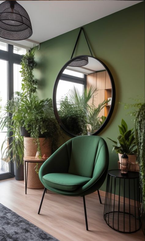 green chair with green plants arranged around it, in the style of studyplace, the snapshot aesthetic, wood, exotic, mirrored, contemporary diy, earth tones Green And Wooden Living Room, Green Wood Room Aesthetic, Green Salon Aesthetic, Green Chair Office, Green Office Aesthetic, Green Luxury Aesthetic, Interior With Plants, Living Room Design Green, Green Couch Living Room