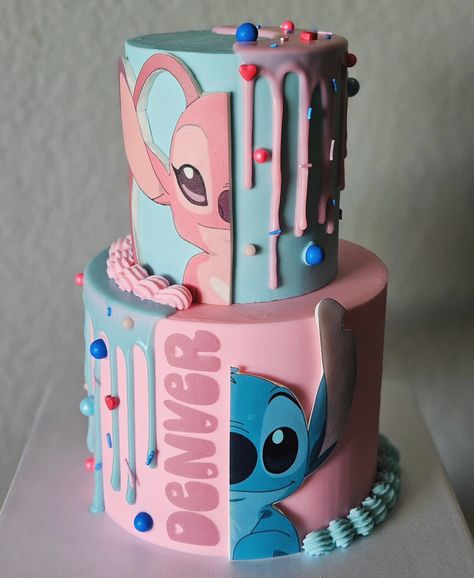 Angel and stitch, chocolate and vanilla 🩷💙 #angelandstitch #cake #copperascovetx Angel From Stitch Cake, Stitch Birthday Cake Girl, Stitch Bday Cake, Angel And Stitch Cake, Stitch Sheet Cake, Stitch And Angel Birthday Cake, Stitch Angel Cake, Stitch Sleepover, Stitch And Angel Party