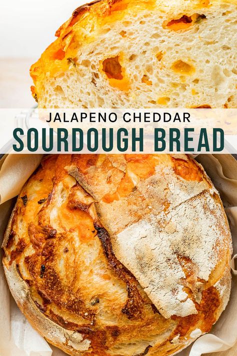 Jalapeño Cheddar Sourdough Bread Jalapeño cheddar sourdough is an easy way to amp up the flavour of a basic sourdough loaf! Eat it plain, or slathered with butter and jam. Jalapeno Cheddar Sourdough Bread, Cheddar Sourdough Bread, Jalapeno Cheese Bread, Recipe Using Sourdough Starter, Pickled Jalapenos, Sourdough Starter Discard Recipe, Jalapeno Cheese, Homemade Sourdough Bread, Jalapeno Recipes