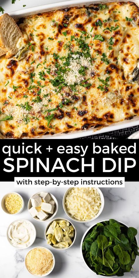 Better than any restaurant version (I promise!), this easy spinach artichoke dip is made with just 7 ingredients and takes less than 45 minutes from start to finish! And there's NO MAYO! No family get-together or party is complete with oven-baked spinach dip! Best Artichoke Dip Recipe, Spinach Dip Recipe Easy, Easy Spinach Artichoke Dip, Baked Spinach Dip, Spinach Artichoke Dip Easy, Baked Spinach Artichoke Dip, Baked Dips, Baked Spinach, Spinach Artichoke Dip Recipe