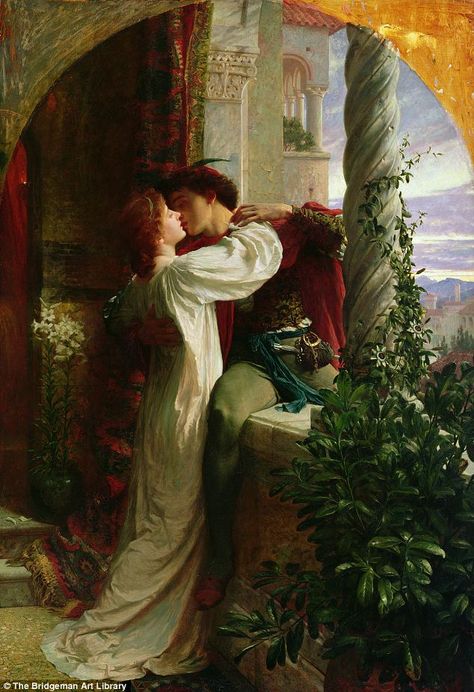 'Romance is a dream that still lives in the hearts of millions': Romeo and Juliet, 1884, depicted in oil on canvas by Frank Bernard Dicksee. It hangs in Southampton City Art Gallery Romeo And Juliet Poster, Romeo Ve Juliet, Frank Dicksee, Art Amour, Romantic Artwork, Pre Raphaelite Art, Romantic Paintings, Figure Art, Forbidden Love