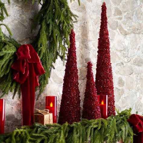 Christmas Tree Topiary, Christmas Fireplace Mantels, Black Christmas Decorations, Holiday Mantle, Red Christmas Decor, Silver Christmas Decorations, Cone Trees, Christmas Fireplace Decor, Christmas Table Centerpieces