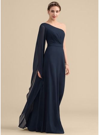 A-Line/Princess One-Shoulder Floor-Length Ruffle Zipper Up at Side Sleeves Long Sleeves No Dark Navy Spring Summer Fall Winter General Plus Chiffon Height:5.7ft Bust:33in Waist:24in Hips:34in US 2 / UK 6 / EU 32 Bridesmaid Dress #153335, JJsHouse.com Cap Sleeve Bridesmaid Dress, Princess Bridesmaid Dress, Sleeveless Bridesmaid Dresses, Floor Length Chiffon Bridesmaid Dresses, Bridesmaid Dresses Online, Chiffon Bridesmaid Dress, Bridesmaid Gown, Dress Silhouette, Chiffon Bridesmaid