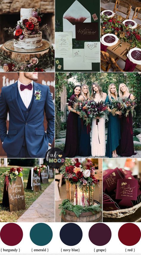 Jewel toned Wedding Colours { The perfect Autumn Wedding Colurs } emerald, purple, burgundy, red #wedding #color #fallwedding Red Purple Blue Green Wedding, Emerald And Blue Bridesmaid Dresses, Burgundy Wedding Colour Scheme, Burgundy Pink Navy Wedding, Winter Wedding Colors Palette, Navy Green Red Color Palette, Navy Emerald Pink Wedding, Wedding Colour Schemes Burgundy, Fall Wedding Color Palette 2023