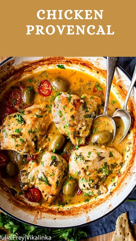 This Chicken Provencal recipe is a quicker and leaner take on the French classic made with chicken breasts, cherry tomatoes and olives. Dinner Party Chicken Dishes, Healthy French Dinner Recipes, French Provincial Recipes, French Chicken Recipes Authentic, French Recipes Authentic Dinner, Keto French Recipes, French Roasted Chicken, Haute Cuisine Recipes, Chicken Cassoulet Recipe