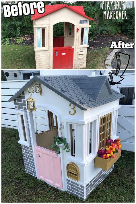 Little Tikes Playhouse makeover! Transforming a plastic outdoor playhouse! Little Tikes Playhouse Makeover, Plastic Playhouse, Playhouse Makeover, Dollhouse Makeover, Outdoor Playhouse, Backyard Kids Play Area, Diy Playhouse, Playhouse Outdoor, Toy House