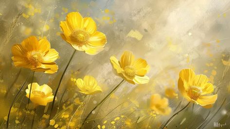 The painting is of yellow flowers in a field. The flowers are in the foreground and are painted in a realistic style ->> more details in ai-img-gen.com Middle Widget, Widget Art, Flower Landscape Painting, Flowers In A Field, Yellow Flowers Painting, Real Painting, Painting Yellow, Painting Texture, Flower Landscape