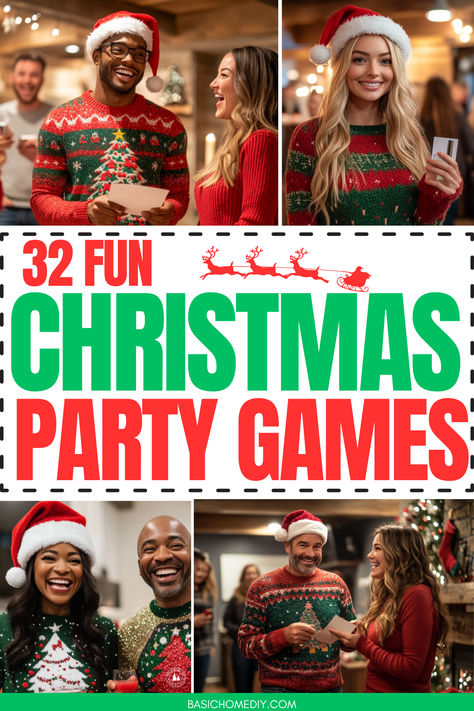 Discover 39 fun Christmas party games and activities to play that are perfect for adults, large groups, kids, and teens! You'll love family-friendly options, team games, and even a few adult drinking games. Find saran wrap ball game, reindeer games, gift exchange, holiday-themed minute-to-win-it, Christmas Bingo, Christmas Family Feud, ball-in-cup, and holiday Olympic games. Find printable and easy-to-set-up games that are ideal for office parties, family gatherings, or any holiday party. Office Holiday Party Games, Christmas Games For Families, Christmas Party Games For Groups, Christmas Group Games, Bingo Christmas, Christmas Games To Play, Games For Families, Christmas Party Games For Adults, Adult Drinking Games