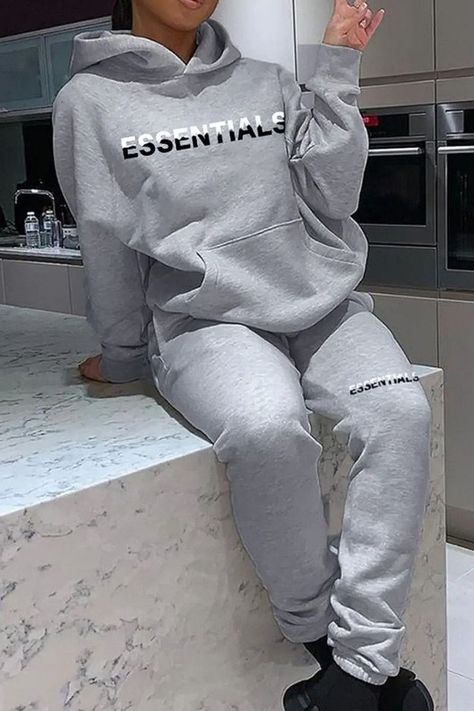 Essentials Letter Print Kangaroo Pocket Oversized Tracksuit Set Tracksuit Outfit Women, Oversized Tracksuit, Grey Tracksuit, Couple Costumes, Tracksuit Outfit, Camouflage Pants, Womens Sweatshirts Hoods, Two Piece Pants Set, Costumes Ideas