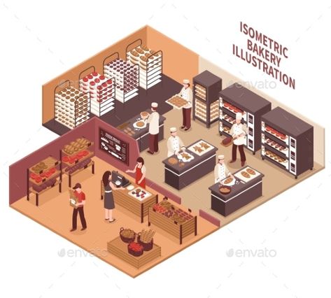 Bakery Room Design, Bakeries Design, Bread Shop Interior, Isometric Bakery, Bakery Design Ideas, Food Shop Design, Bakery Illustration, Bakery Oven, Cake Shop Design