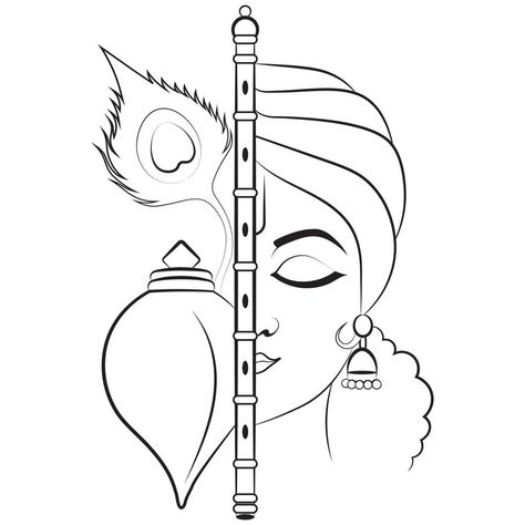 Line Art Drawing Tattoo, Krishna Bansuri Sketch, Hare Krishna Drawing, Sri Krishna Sketch, Simple Art To Draw, Free Hand Drawings, Krishna Basuri Mandala Art, Krishna Hand Embroidery Designs, Lord Krishna Embroidery Design