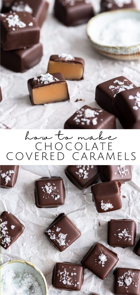 Chocolate Covered Caramels, Sea Salt Caramels, Desserts Vegan, Soft Caramel, Sea Salt Caramel, Caramel Candy, Salted Chocolate, Caramel Recipes, Melting Chocolate Chips