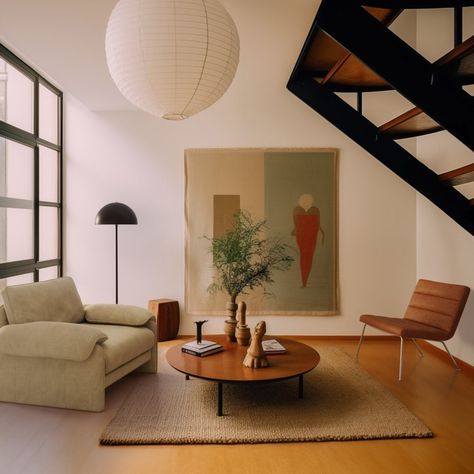 A mid-century modern living room with natural wood floors, black steel staircase and large art on the wall, minimalism, white walls painted, brown rug, tan sofa, round coffee table, modern pendant light, and brown leather chair. White Mid Century Modern Living Room, Light Brown Sofa Living Room Ideas, Decompression Room, Living Room With Natural Wood, Light Brown Sofa, Mid Century Minimal, Natural Wood Floors, Mid Century Modern Entryway, Marsh House