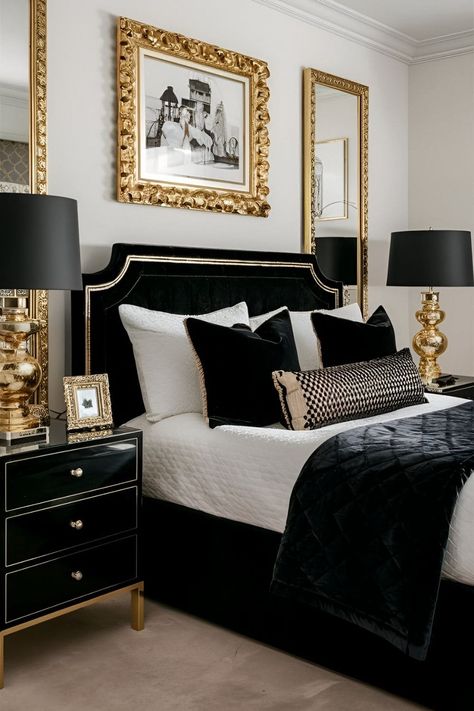 White Black And Gold Apartment, Guest Bedrooms Luxury, Black And Gold Guest Bedroom, Gold And Black Apartment Decor, Black Beige And Gold Bedroom, Black And Gold Room Decor Bedroom, Black And Gold Bedroom Ideas For Women, Black White And Gold Room Decor, Black White And Gold Bedroom Decor