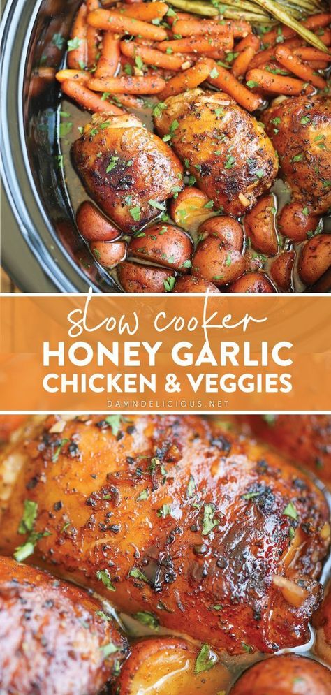 Honey Garlic Chicken And Veggies, Resep Vegan, Slow Cooker Honey Garlic Chicken, Chicken And Veggies, Salad Pasta, Honey Garlic Chicken, No Cooking, Think Food, Crock Pot Slow Cooker