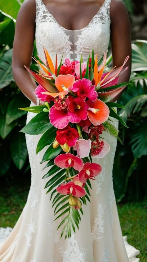 Tropical Style Wedding, Tropical Beach Wedding Bouquet, Hawaiian Bouquet Wedding, Wedding Flowers Tropical, Exotic Flower Bouquet, Hawaiian Bridal Bouquet, Tropical Bridesmaid Bouquet, Copper Burgundy Hair, Hawaiian Wedding Theme