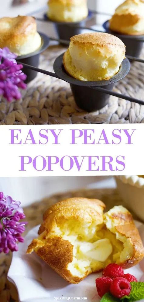 Easy Peasy Popovers. Light! Airy! Delicious! Perfect for a brunch! A perfect treat for a lazy Saturday morning. #popovers #easybreadrecipes #mothersdaybrunch #easterbrunch Easy Popover Recipe, Easy Popovers, Popover Recipe, Sweet Smoothies, Flat Breads, Lazy Saturday, Baking Bread Recipes, Cheese Pumpkin, Mothers Day Brunch