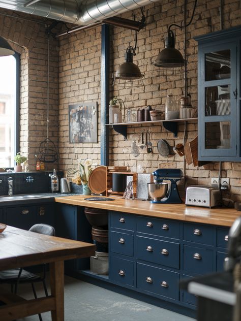 27 Navy Blue Kitchen Cabinets – Your Motor Geek Wall Colors With Navy Cabinets, Blue And Brick Kitchen, Matt Blue Kitchen, Navy Kitchen Cabinets Color Combos, Navy And Cream Kitchen, Dark Blue Cabinets Kitchen, Colourful Cabinets, Blue Tile Kitchen, Navy White Kitchen