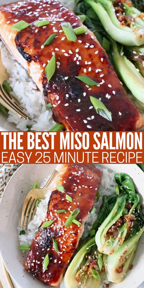 Make the best Miso Salmon at home with this easy recipe that's made in just 25 minutes! The sweet and salty miso glaze caramelizes over the salmon in the oven for melt-in-your-mouth goodness. It's delicious, healthy, and I guarantee, this will become your new favorite salmon recipe! Miso Glaze Recipe, Miso Glazed Salmon Recipe, Miso Salmon Recipe, Salmon In The Oven, Salmon Recipes Oven, Salmon Food, Gluten Free Salmon, Miso Recipe, Miso Glazed Salmon