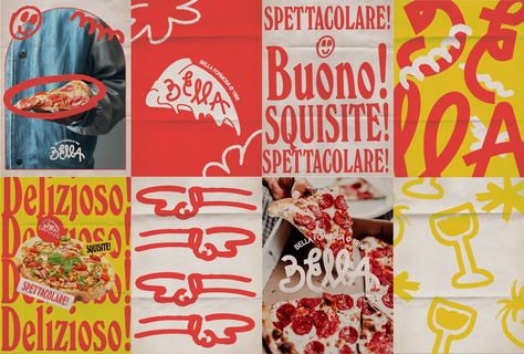 Bella Formosa on Behance Restaurant Branding Identity, Burger Wrap, Pizzeria Design, Louise Fili, Pecos Bill, Italian Street Food, Creative Pizza, Food Typography, Pizza Branding