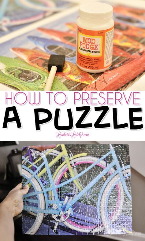 This tutorial on how to preserve a puzzles uses a simple glue-type formula (Mod Podge) to stick the puzzle pieces together permanently. Great to use for hanging/framing a puzzle! Homemade Puzzle Glue, Preserving Jigsaw Puzzles, Glue A Puzzle Together How To, Puzzle Saving Ideas, Puzzles As Wall Art, Framing A Puzzle Diy, How To Preserve A Puzzle For Framing, Diy Puzzle Frame Ideas, How To Frame Puzzles