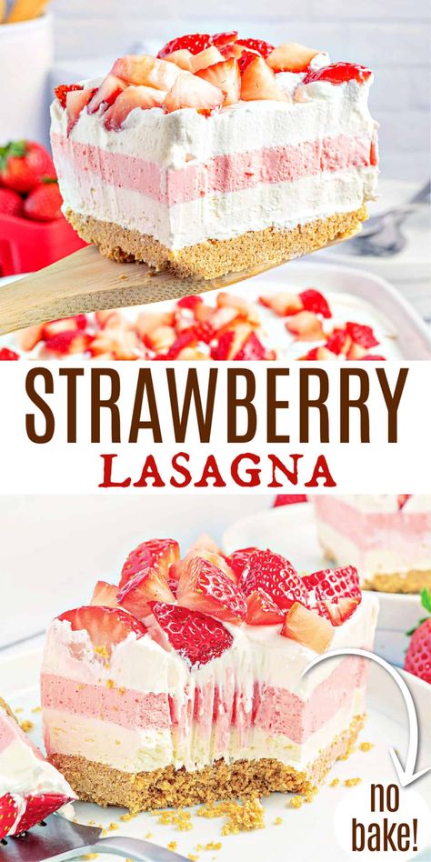 Potluck Desserts No Bake, Very Berry Dessert Lasagna Recipe, Dessert Recipes Lasagna, Fun Strawberry Desserts, No Bake Strawberry Jello Lasagna, No Bake Strawberry Lasagna, Lasagna Desserts No Bake, Easy Layer Desserts, Casserole Recipes Dessert