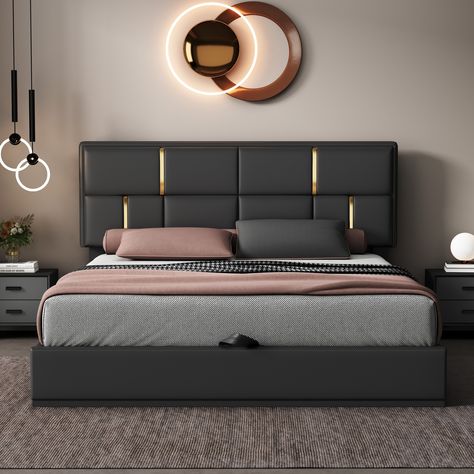 [Elegant Design] Upholstered in carefully-selected soft fabric, with gold decoration on the headboard, this platform bed not only suits any home décor, but is timeless in its design. Bed Designs With Storage, Cama Queen Size, Bed Headboard Design, Bed Platform, Bed Design Modern, Platform Bed With Storage, Cama Queen, Bedroom Sets Queen, Bed Furniture Design