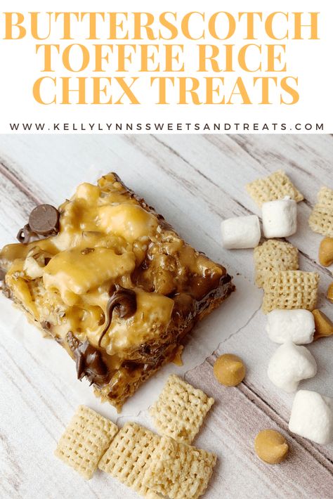 Butterscotch Toffee Rice Chex Treats - Scotcheroos without peanut butter or corn syrup! Butterscotch chips and marshmallows are used to make these Rice Chex treats, with bits of toffee throughout Kelly Lynn's Sweets and Treats Rice Chex Cereal Bars, Chex Marshmallow Bars, Rice Chex Bars, Chex Dessert Recipes, Chex Scotcheroos Recipe, Gf Squares, Rice Chex Recipes, Rice Chex Treats, Chex Dessert