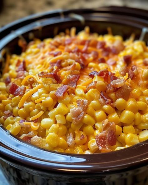 Everyone in the family loves this! We always end up with clean plates! Family Favorite Side Dishes, Homestyle Side Dishes, Corn Casserole In Crockpot Crock Pot, Slow Cooker Cheddar Corn With Bacon, Thanksgiving Side Dishes With Corn, Vegetables For Large Groups, Crockpot Sides For Potluck, Crockpot Veggie Casserole, Corn Bacon Side Dish