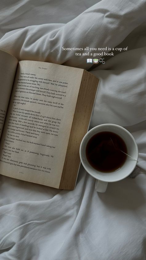 Tea Instagram Captions, Book Aesthetic Ig Story, Book And Coffee Quotes, A Cup Of Tea Aesthetic, Books Instagram Story Ideas, Book And Tea Aesthetic, Coffee Ideas Photography, Caption For Books, Books Insta Story