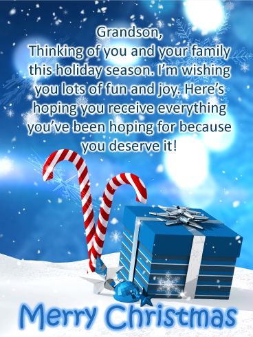 Grandson, Thinking of you and your family this holiday season. I'm wishing you lots of fun and joy. Here’s hoping you receive everything you’ve been hoping for because you deserve it! Merry Christmas Merry Christmas Grandson, North Pole Sign, Christmas Verses, Pole Sign, Christmas Card Messages, Birthday Reminder, Grandson Birthday, Merry Christmas Funny, Card Messages