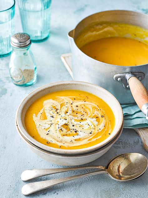 Carrot and parsnip soup Parsnip Recipes Soup, Carrot And Parsnip Soup, Warming Soups, Sweet Potato Soup Vegan, Carrot And Coriander Soup, Parsnip Recipes, Coriander Soup, Sweet Potato Soup Recipes, Sandwiches Recipes