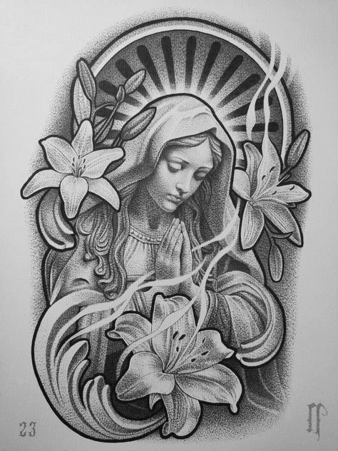 Christian Art Tattoo, Flower Pen Drawing, Mary Tattoo, Tattoo Lettering Design, Realistic Tattoo Sleeve, Ballpoint Pen Drawing, Chicano Art Tattoos, Chicano Drawings, Religious Tattoos