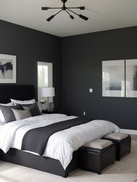 Grey Room Ideas Bedroom, Gray Accent Wall Bedroom, Black White And Grey Bedroom, Black And Grey Bedroom, Dark Gray Bedroom, Gray Bedroom Walls, Monochrome Bedroom, Black Bedroom Decor, Grey Bedroom Decor