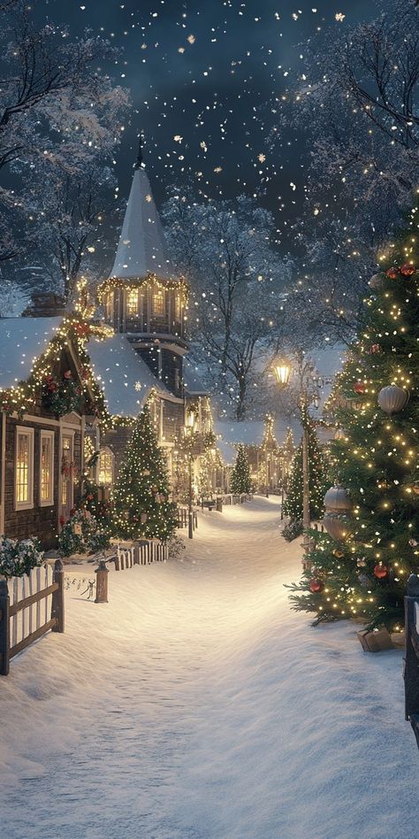 A festive snow-covered street lined with decorated cottages and glowing Christmas lights, creating a magical Christmas village wallpaper scene. Holiday Season Wallpaper Iphone, Christmas Tree In The Snow, Background Images Winter, Old Christmas Wallpaper, White Wallpaper Christmas, Cozy Christmas Pictures, Snow Trees Wallpaper, Christmas Wallpaper Home Screen, Christmas Tree Wallpaper Aesthetic