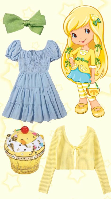 Strawberry Shortcake Costume Lemon, 2000s Strawberry Shortcake Characters, Strawberry Shortcake Costumes Group, Lemon Meringue Strawberry Shortcake Costume Teen, Lemon Meringue Outfit Ideas, Fruit Themed Outfits Aesthetic, Lemon Meringue Costume Ideas, Lemon Drop Costume, Lemon Meringue Cosplay