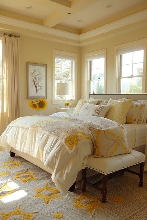 25 Yellow Bedroom Ideas That Will Give Your Space a Major Energy Boost Sunflowers Bedroom Ideas, Sunflower Inspired Bedroom, Soft Yellow Bedroom Walls, Yellow Walls Room Decor, Bedrooms With Yellow Walls, Yellow Bedroom Inspirations, Yellow Rooms Ideas, Bedroom Ideas Yellow Walls, Yellow Room Color