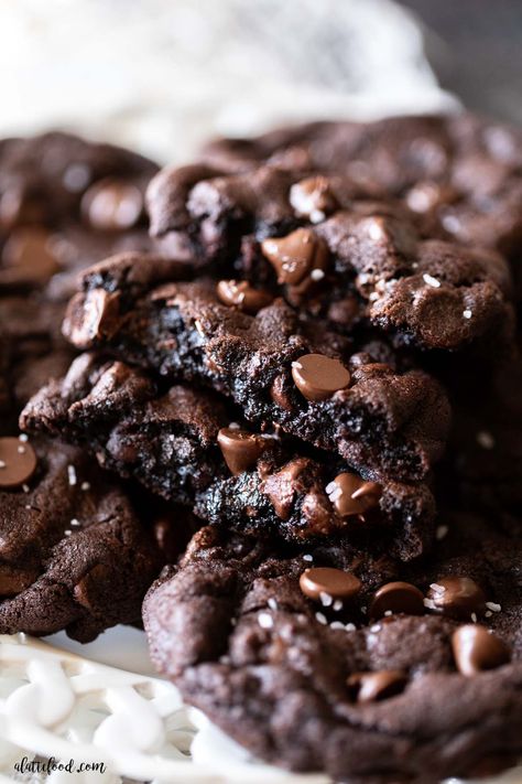 Bake these chewy Double Chocolate Chip Cookies made with dutch processed cocoa powder. They’re soft in the centers with buttery edges and they’re filled with chocolate chips and sea salt. You can make them with white chocolate chips too! Double Dutch Chocolate Cookies, Double Chocolate Sea Salt Cookies, Choc Choc Chip Cookies, Cocoa Chocolate Chip Cookies, Fudgy Double Chocolate Chip Cookies, Chocolate Chip Chocolate Cookies, Easy Double Chocolate Chip Cookies, Oatmeal Chocolate Chunk Cookie Recipe, Chocolate Dipped Chocolate Chip Cookies