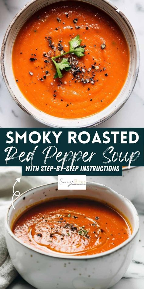 Try this roasted red pepper soup, an easy recipe with smoky red peppers, onion, and garlic. Perfect for those looking for soup recipes with few ingredients. Add chili flakes for extra spice! Roasted Red Pepper Soup Coconut Milk, Roasted Red Pepper Chicken Soup, Roasted Red Chili Paste Recipes, Roasted Pepper Soup Recipe, Red Chili Pepper Recipes, Roasted Peppers Recipe, Red Soup Recipe, Roasted Red Bell Pepper Soup, Red Pepper Soup Recipe