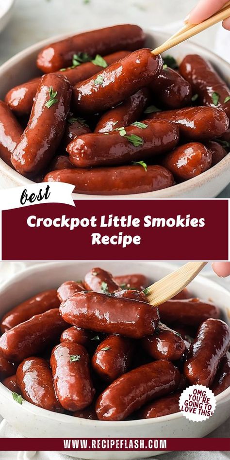 Looking for the perfect crowd-pleasing appetizer for your next gathering? This Crockpot Little Smokies Recipe is sure to impress with its savory flavor and effortless preparation. Save this easy recipe for a delicious, hassle-free addition to your appetizer recipes collection! Little Weenies Recipe, Crockpot Smokies, Lil Smokies Recipes, Crockpot Little Smokies, Hot Dog Appetizers, Crockpot Snacks, Crockpot Thanksgiving, Crockpot Party Food, Little Smokies Recipes