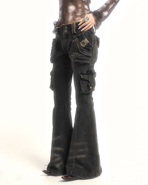 Hi Rebels, our best-selling jeans are back! 🧚‍♂️🖤 Flowers Birds Market really outdid themselves with this design. Who else is obsessed? #pixierebels Jeans In Boots Tuck, Black Colored Outfits, Double Punch Clothing, Jean Paul Gaultier Pants, Bootcut Black Jeans Outfit, Vintage Futurism Fashion, Brutalist Clothing, Dark Vintage Outfits, Futch Aesthetic