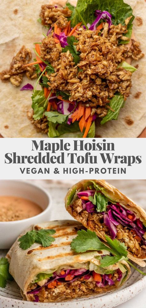 Maple Hoisin Tofu, Recipes With Shredded Tofu, Shredded Tofu Sandwich, Tempeh Wrap Recipes, Crispy Shredded Tofu, High Protein Vegan Wraps, Tofu Meal Recipes, Vegan Tofu Wrap Recipes, Tofu Comfort Food