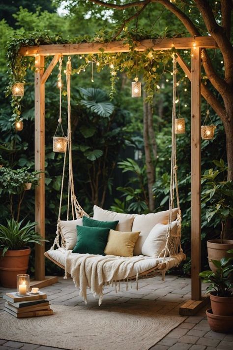 Outdoor Patio Ideas Rocks, Outdoor Swinging Chair, Patio Decor Ideas Outdoor, Meditation Patio Ideas, Cozy Back Patio Ideas, Outdoor Swings Ideas, Outdoor Corner Ideas, Outdoor Swing Ideas, Cozy Garden Ideas